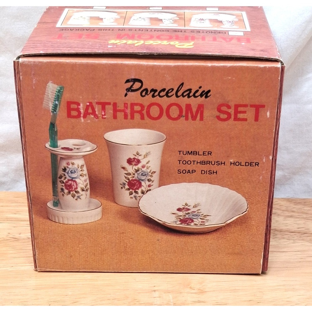 Vintage Bathroom Accessory Set 3pc Tumbler Soap Dish Toothbrush Holder Cottage